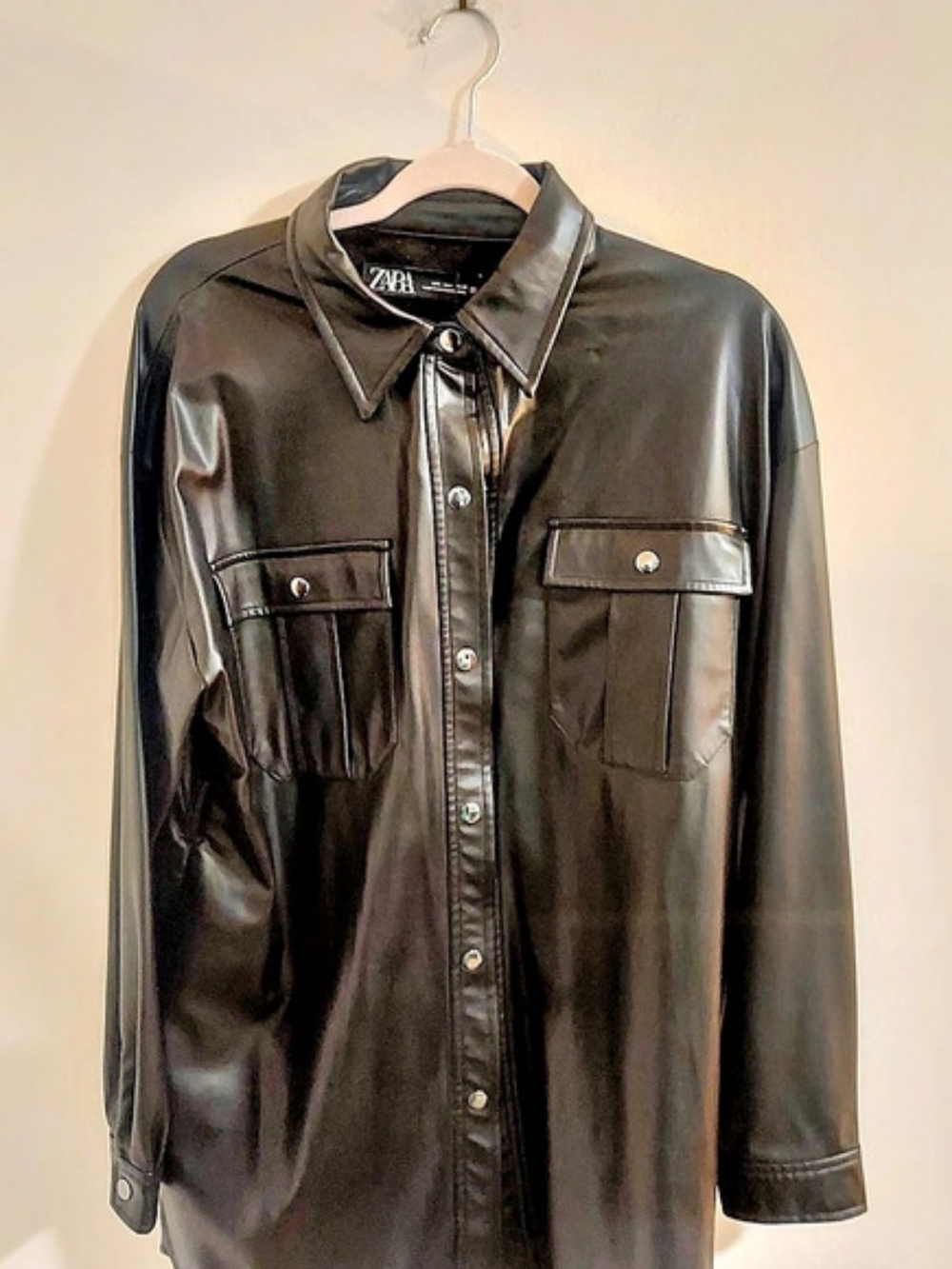 Zara Faux Leather Snap Front Oversized Shirt Jacket Black XL